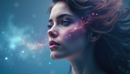 A woman's face is illuminated by cosmic nebulae  ethereal and dreamlike.