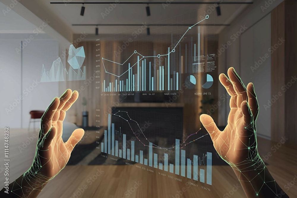 Poster futuristic hands interacting with a virtual holographic interface displaying data, representing inno