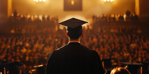 Back view of a graduate wearing a black cap and gown, facing a large crowd at a ceremony
