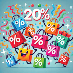 Colorful Animated Shopping Bags with Discounts - Festive Sale Illustration