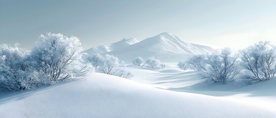 Obraz premium A serene winter landscape featuring snow-covered hills and frosted trees under a clear blue sky, evoking tranquility and the beauty of nature in its purest form.