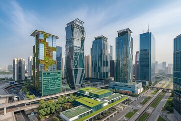 Fototapeta premium urban landscape featuring futuristic skyscrapers with sustainable designs, showcasing smart city planning and green technology