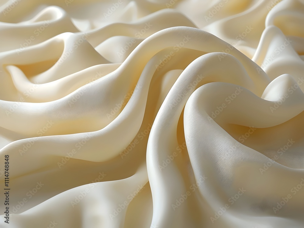 Poster a close-up view of softly draped, silky fabric in a light cream color, showcasing the delicate waves