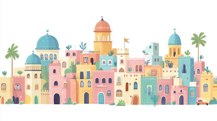Colorful Arabic Cityscape  in pastel colors,Vector Illustration on white background