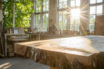 Sunlight Streaming Through Windows Illuminating a Smooth Wooden Surface in a Cozy Workshop Surrounded by Nature and Crafted Tools