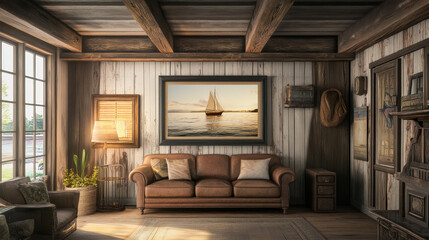 Fototapeta premium a 3D rendering of a cozy farmhouse-style interior featuring an empty mockup poster frame.
