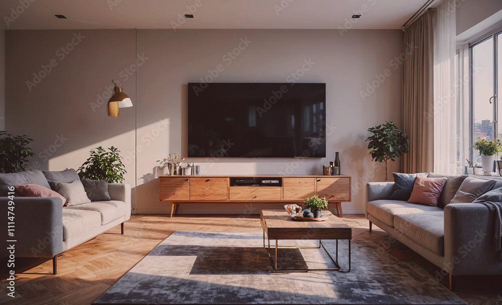 Aufkleber living room with a large flat screen tv on the wall. there are two couches, one on the left and one 
