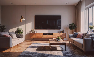 Living room with a large flat screen TV on the wall. There are two couches, one on the left and one on the right. A coffee table is in the middle of the room
