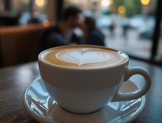 Cup of coffee with heart-shaped foam for Valentine's Day