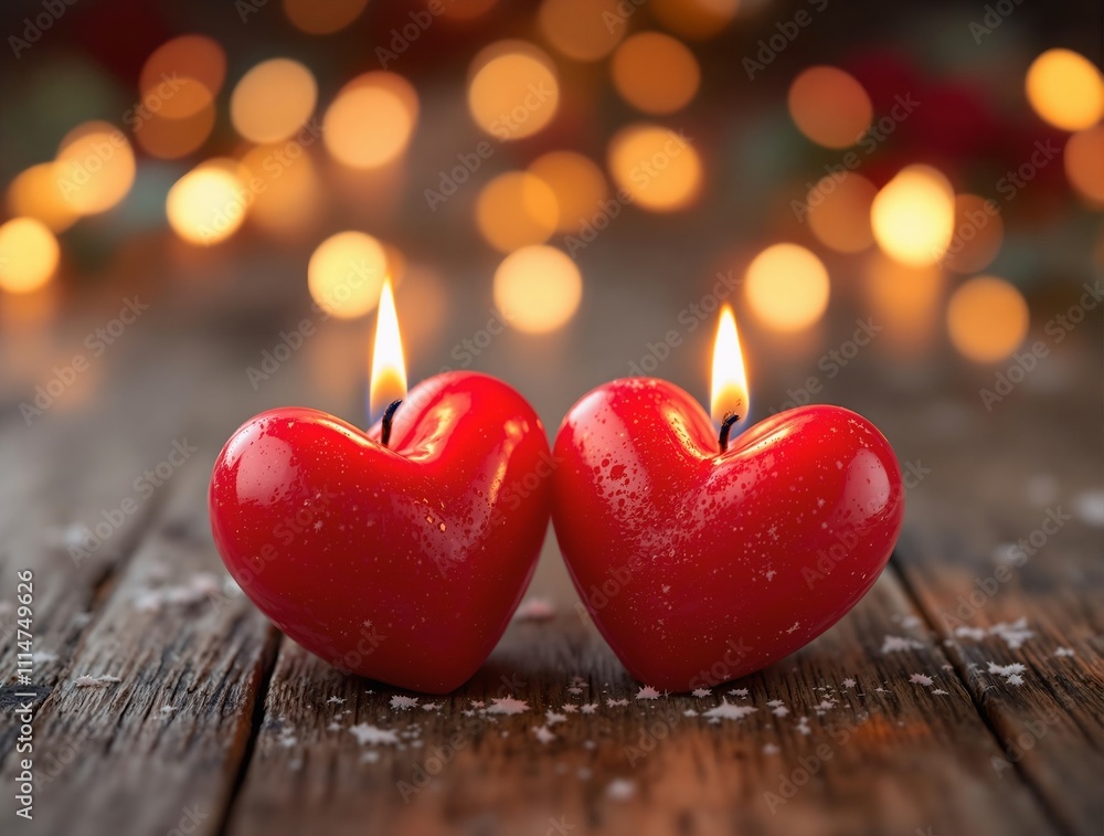 Poster close-up of two red heart-shaped candles burning on a rustic wooden table, soft bokeh lights in the 