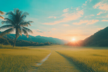 Fototapeta premium Tranquil sunset over lush green fields with palm trees and mountains in the background