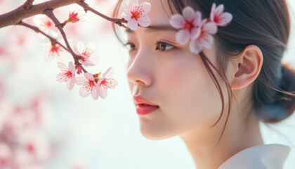Fototapeta premium Young woman poses near cherry blossoms creating serene scene.