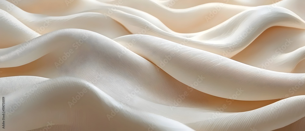 Poster close-up view of soft, flowing cream-colored fabric with elegant waves and gentle curves, creating a