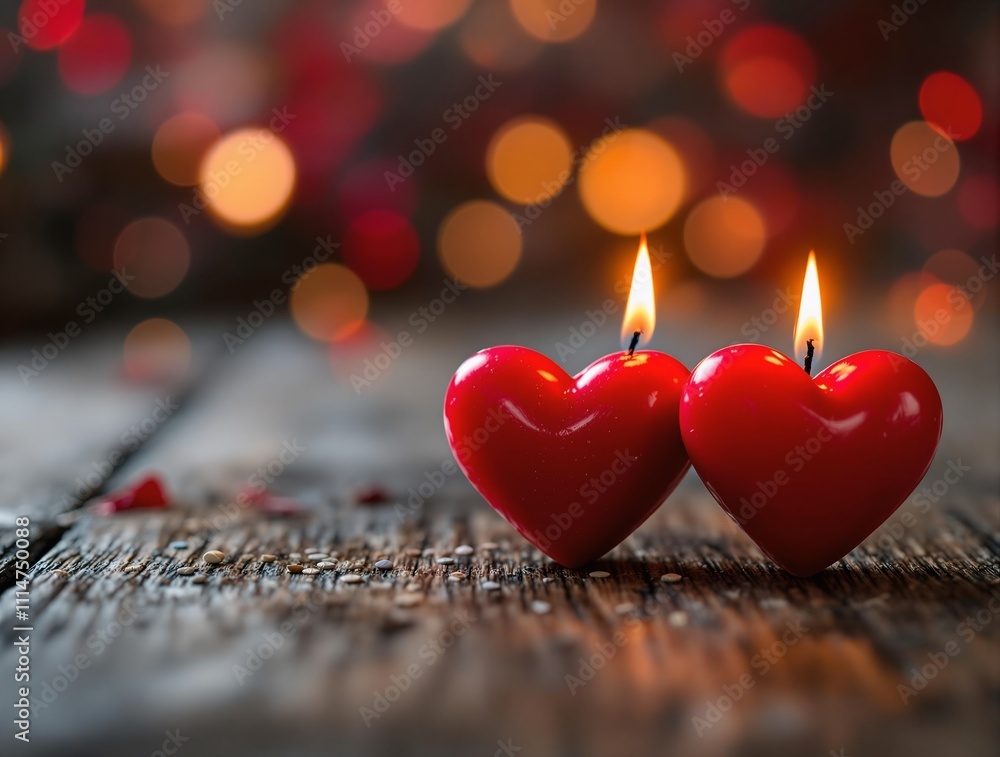 Poster close-up of two red heart-shaped candles burning on a rustic wooden table, soft bokeh lights in the 