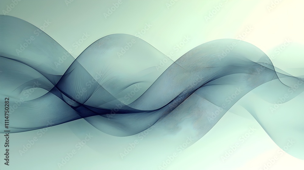 Poster an abstract wave pattern featuring soft, flowing curves in shades of blue and gray, creating a seren