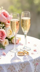Illustration of intertwined wedding rings and champagne glasses, pastel tones, floral details