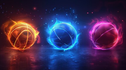 Obraz premium Three fiery basketballs in vibrant colors.
