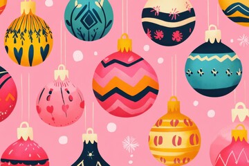A vibrant pattern of colorful Christmas ornaments, including glass and paper baubles in various shapes and sizes, arranged on a pink background Generative AI