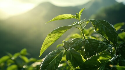 Obraz premium A close-up of a green plant with sunlight filtering through its leaves and mountains in the background