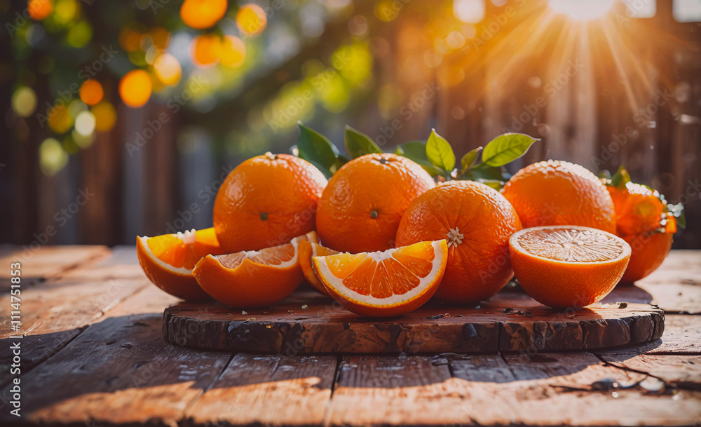 Aufkleber table with a wooden surface and a pile of oranges. some of the oranges are cut in half