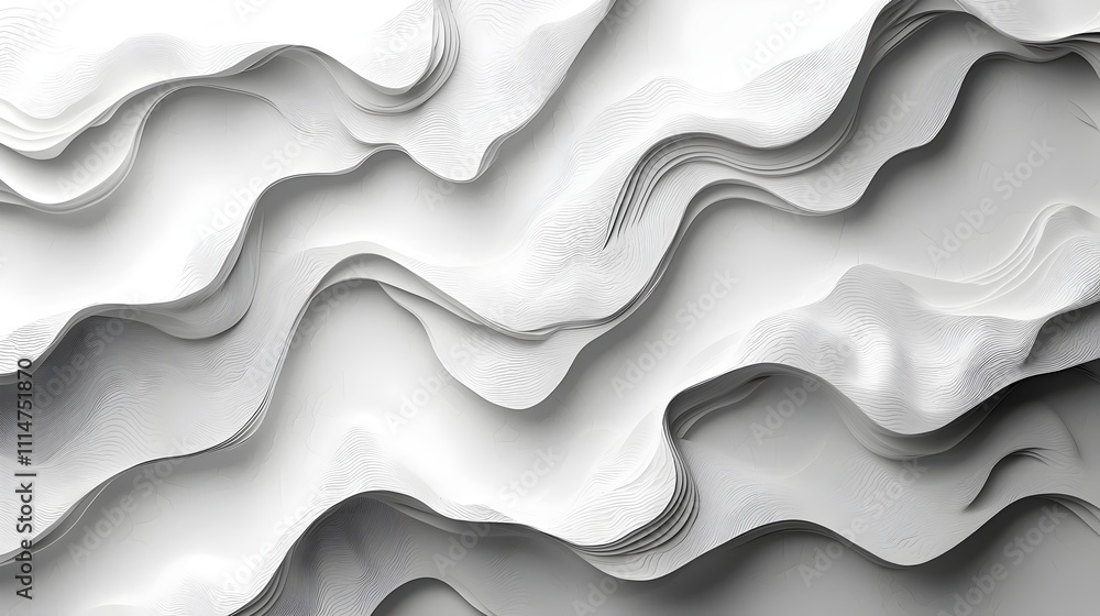 Poster a textured abstract background featuring flowing, wavy layers in shades of white, creating a sense o
