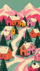 Modern Vibrant Christmas Village in Pink and Green – Naïve Holiday Scene