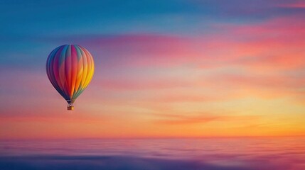 Fototapeta premium A colorful hot air balloon soars in the sky over a tranquil body of water during sunset, surrounded by a stunning blend of pink, yellow, and blue hues