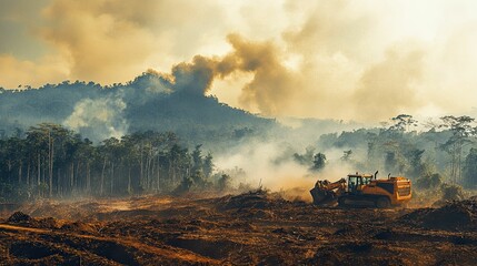 Fototapeta premium Bulldozer clears burning rainforest, deforestation.