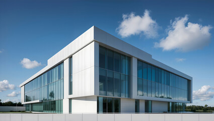 Obraz premium Modern white office building with glass facade under blue sky