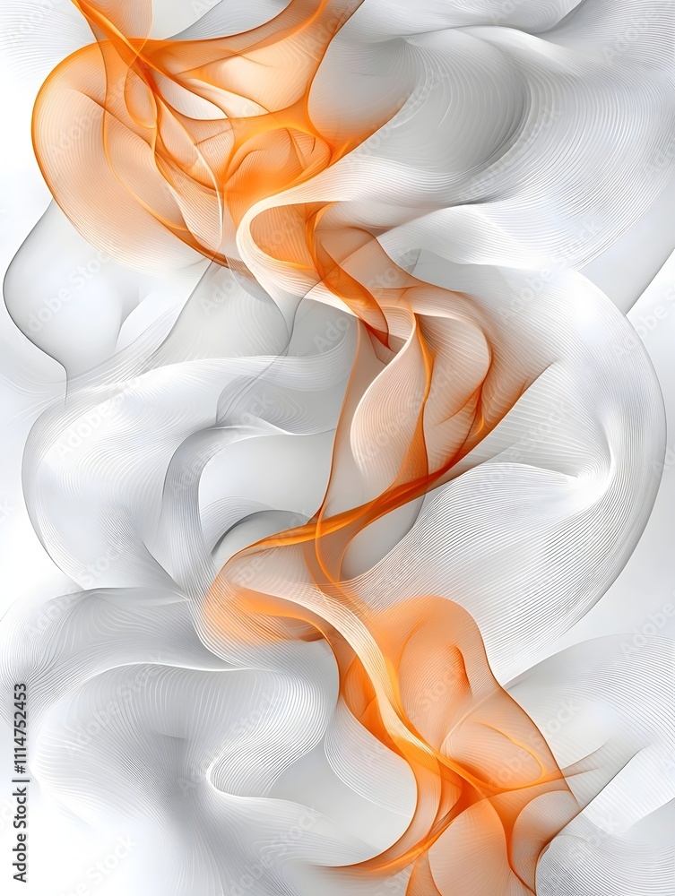Poster an abstract composition featuring flowing waves of orange and white, creating a sense of fluidity an