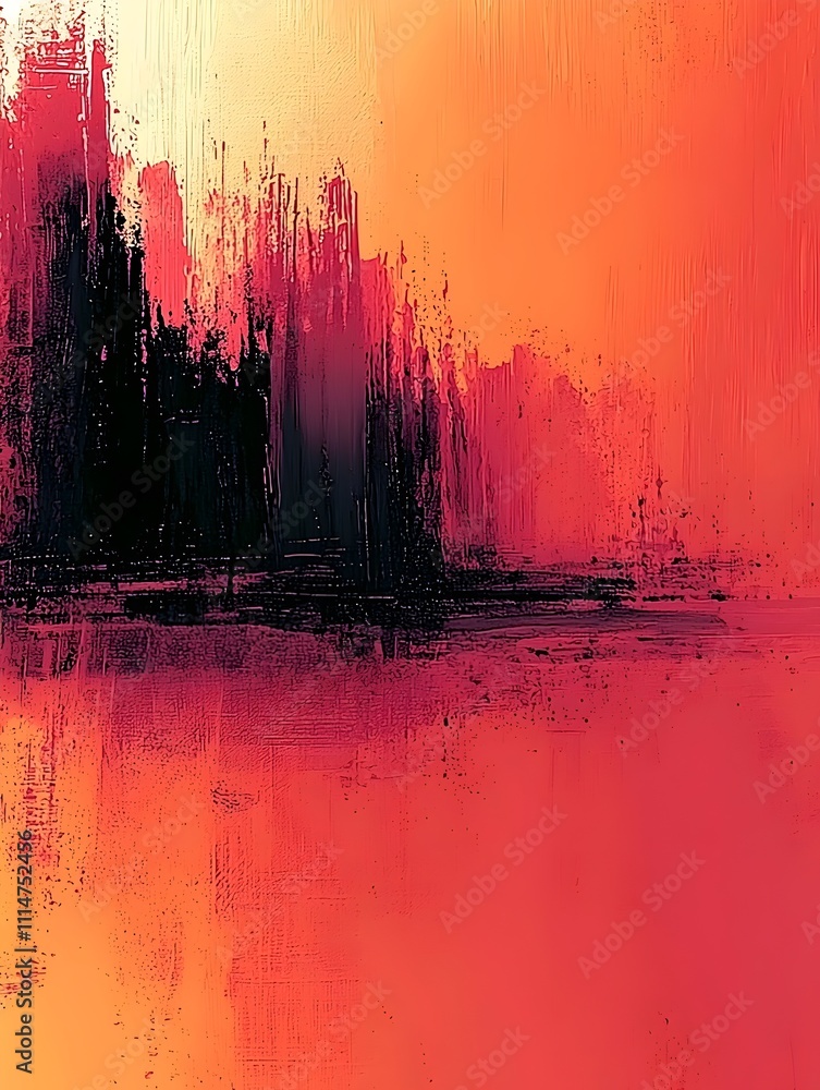 Poster an abstract artwork featuring a vibrant gradient of reds and oranges, with bold black accents creati