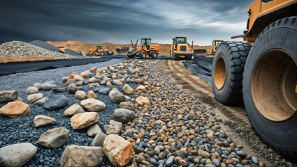 Obraz premium Construction vehicles near piles of rocks under a cloudy sky