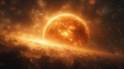 Obraz premium A mesmerizing image of a fiery planet surrounded by cosmic clouds and stars.