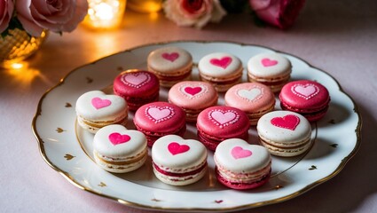 Fototapeta premium Pink macarons with heart patterns on a plate for Valentine's day, romantic date, honeymoon, bridal shower.