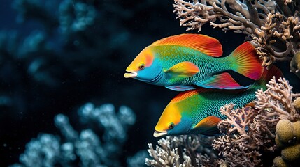 Fototapeta premium A few vibrant fish swim alongside an array of corals on a seaweed-covered ocean floor