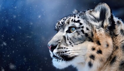 Obraz premium Side profile of a snow leopard staring intently amidst a snowfall background