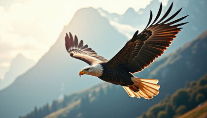 Fototapeta premium A majestic bald eagle soars through the mountains wings outstretched in breathtaking flight.