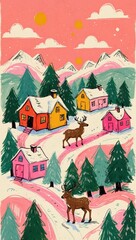 Naïve Christmas Village in Snowy Landscape – Pink and Green Modern Illustration