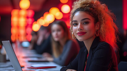 Confident Woman Working in Vibrant Office Space
