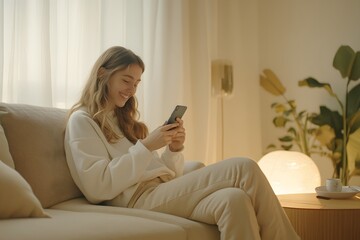 Smiling young woman video calling using smartphone while sitting on sofa at home, enjoying digital conversation