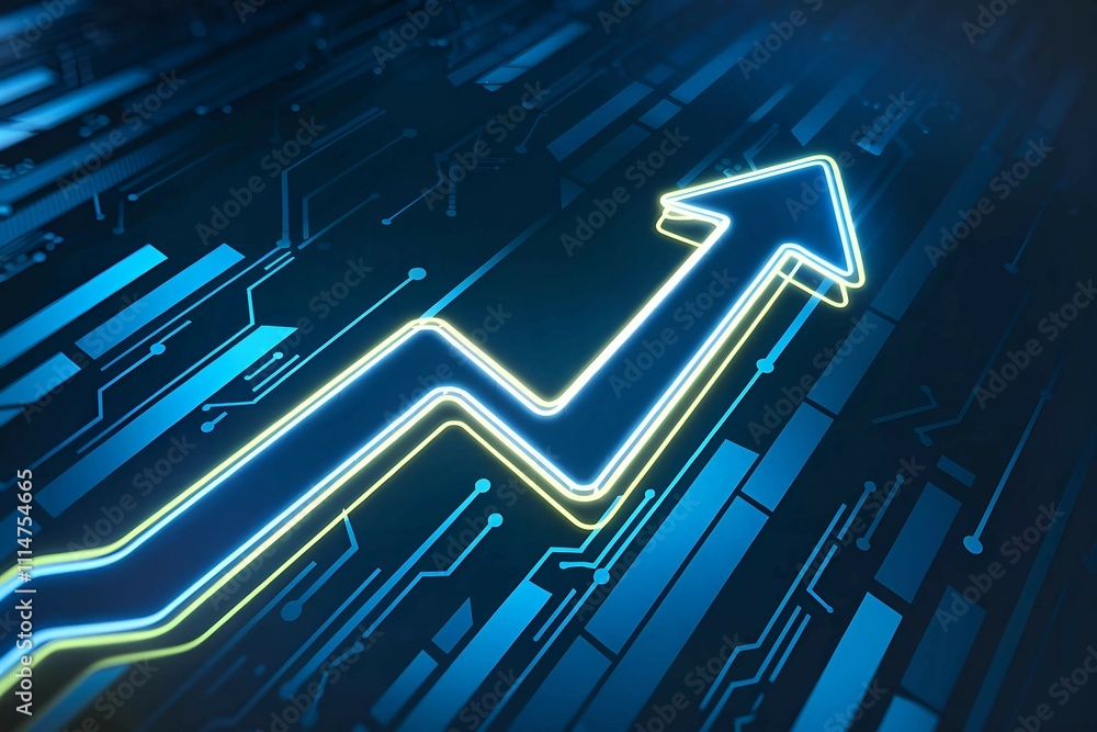 Poster digital arrow pointing upward on a futuristic background representing business growth and technology