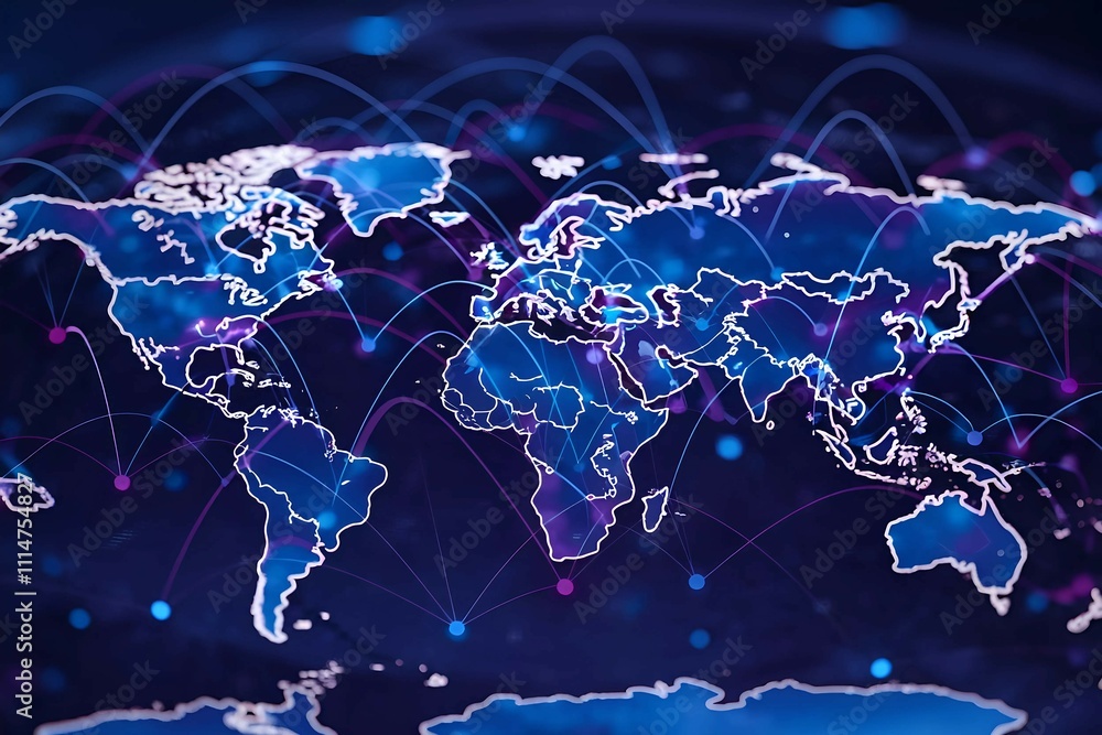 Poster digital world map with glowing connections representing global technology and communication