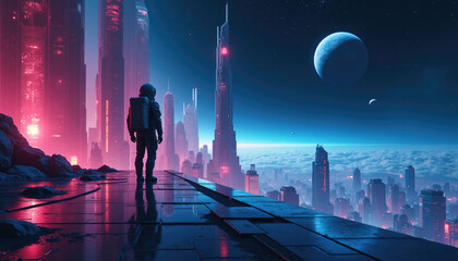 Fototapeta premium A lone astronaut gazes upon a futuristic cityscape enveloped in clouds under a celestial backdrop.