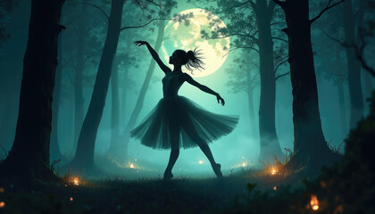 Silhouette of a ballerina dancing gracefully in a moonlit forest  magical and serene.