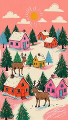 Naïve Christmas Village in Pink and Green – Colorful Holiday Illustration
