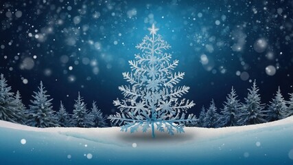 Obraz premium Árbol de Navidad con copos de nieve y fondo azul invernal