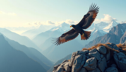 A majestic eagle soars over a breathtaking snow capped mountain range  showcasing freedom and power.