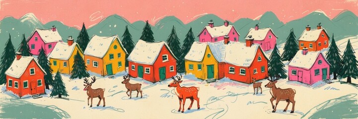 Horizontal Christmas Banner with Naïve Village – Whimsical Snowy Scene for Holidays