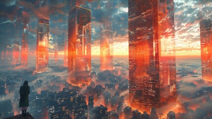 Futuristic city skyline at sunset, person looking at cityscape.