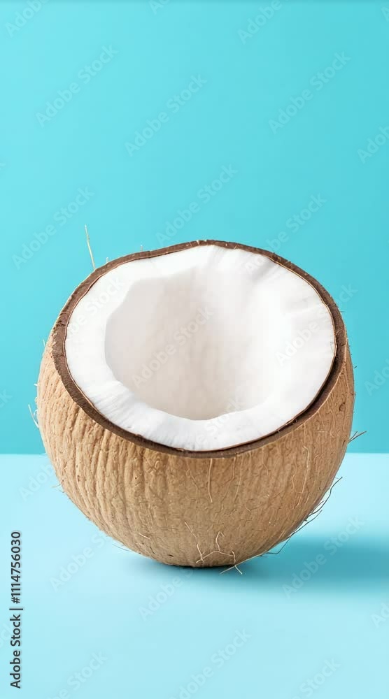 Poster half a coconut showing its white flesh is placed on a turquoise surface with a matching turquoise ba